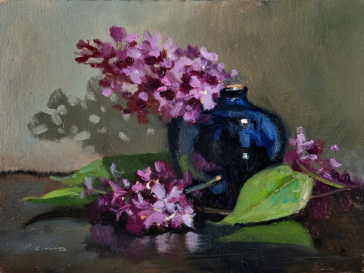 Peinture : Lilas et Vase Bleu