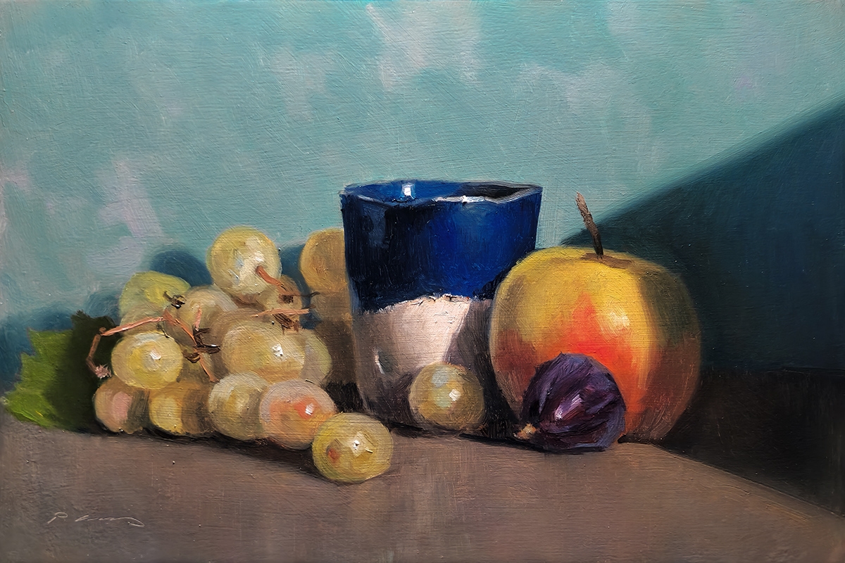 Peinture : Raisins, Pomme et Figue 