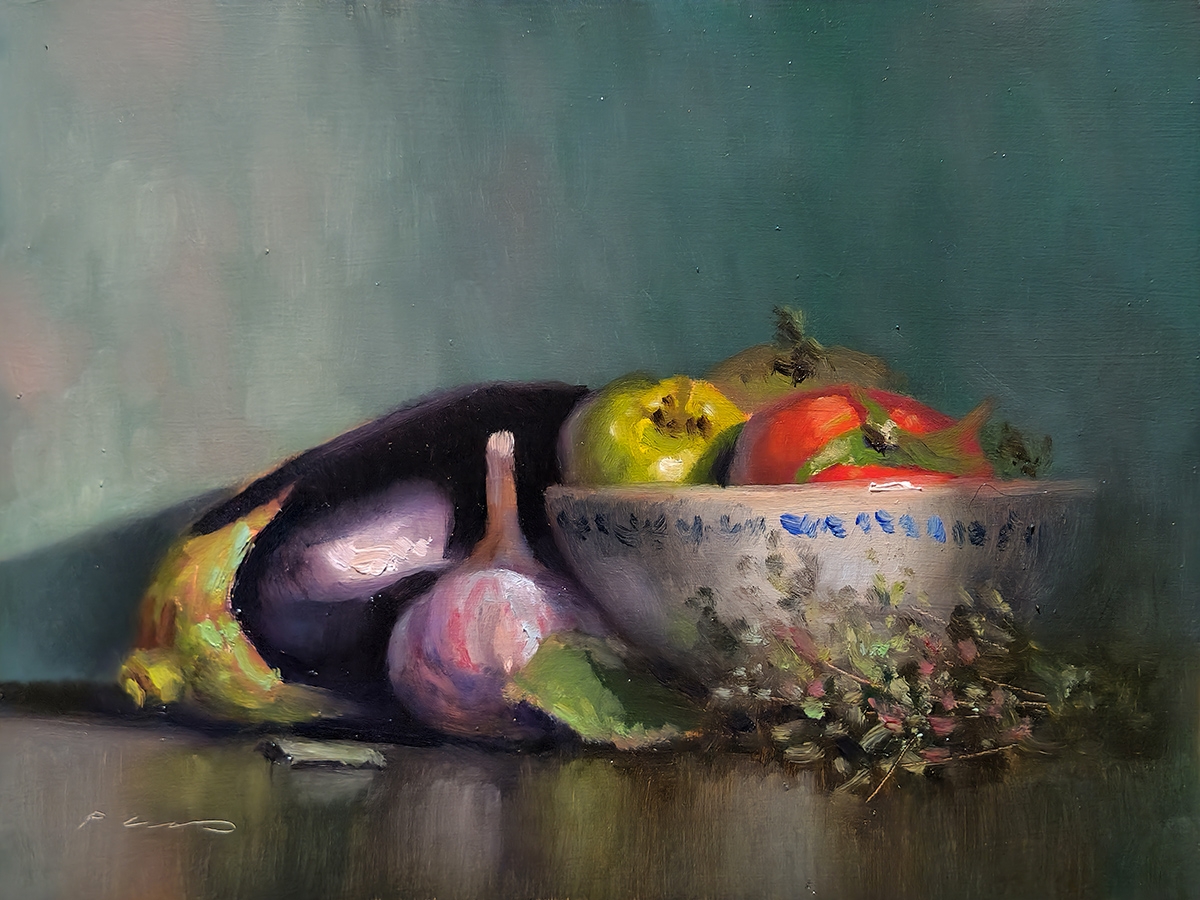 Peinture : Aubergines & Tomates Avec bol ail et thym