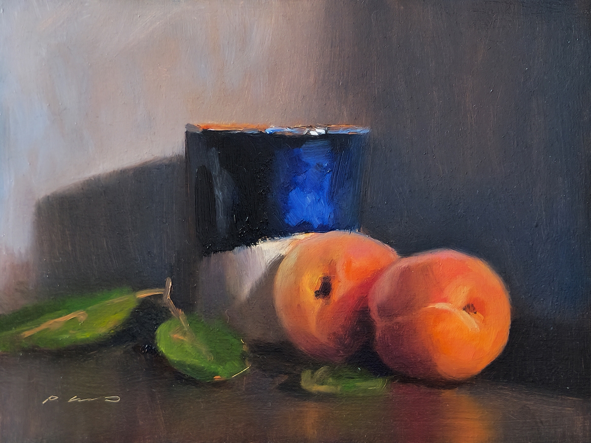 Peinture : Abricots Et Tasse Bleue