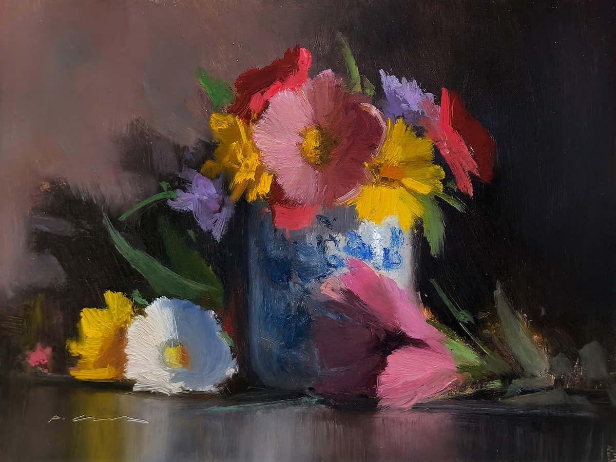 Peinture : Fleurs et Tasse 