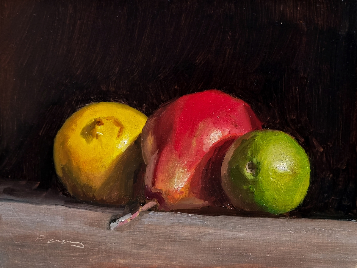 Peinture : Citrons et Poire 