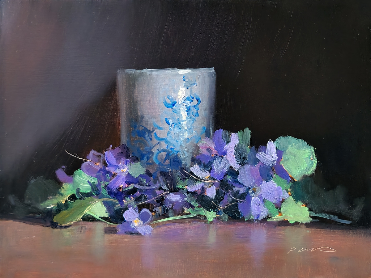 Peinture : Violettes et Tasse 