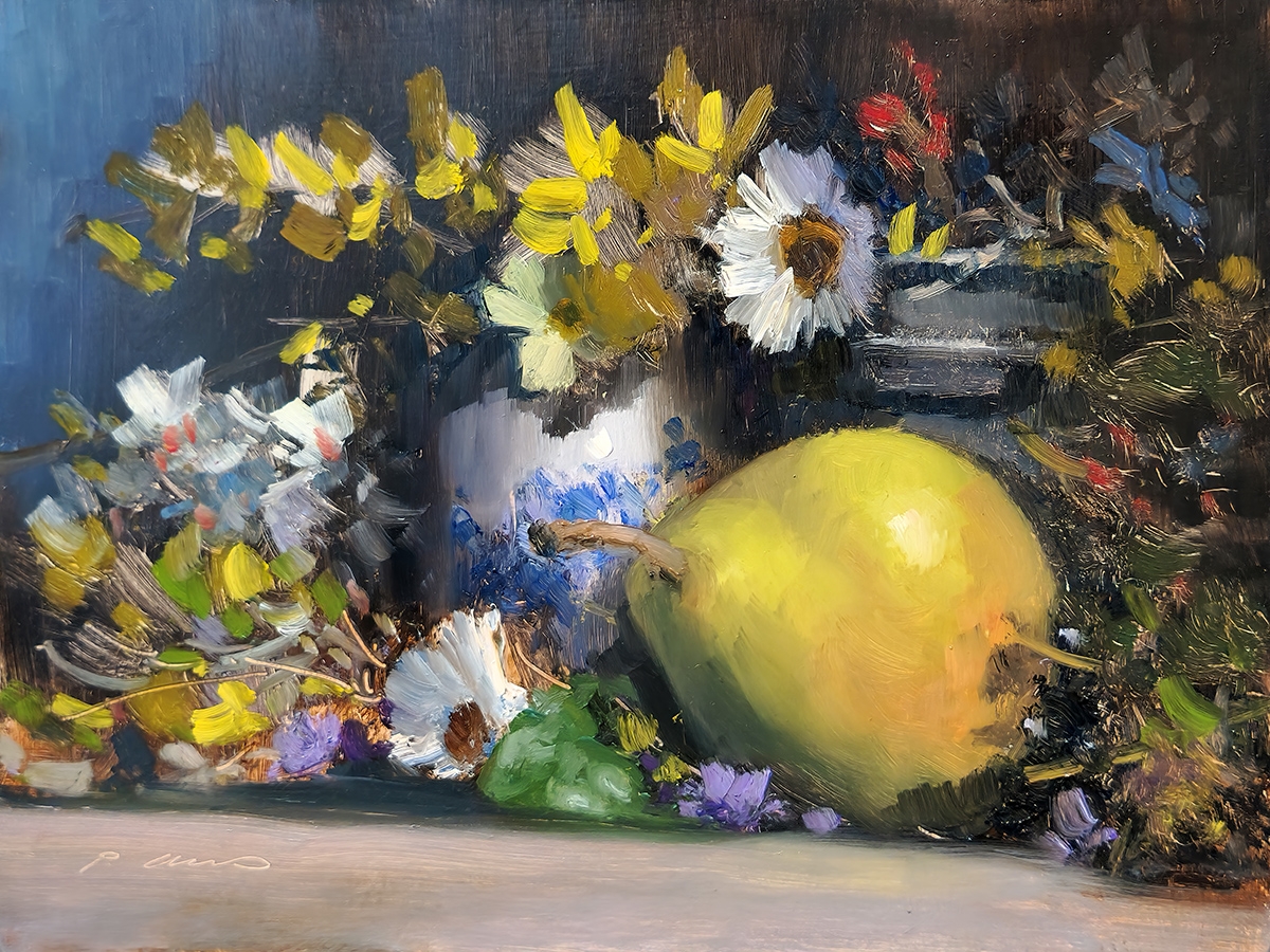 Peinture : Fleurs et Poire 