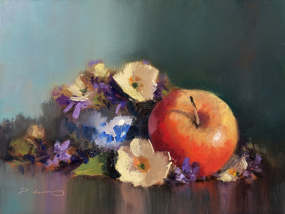 Peinture : Pomme et Fleurs 